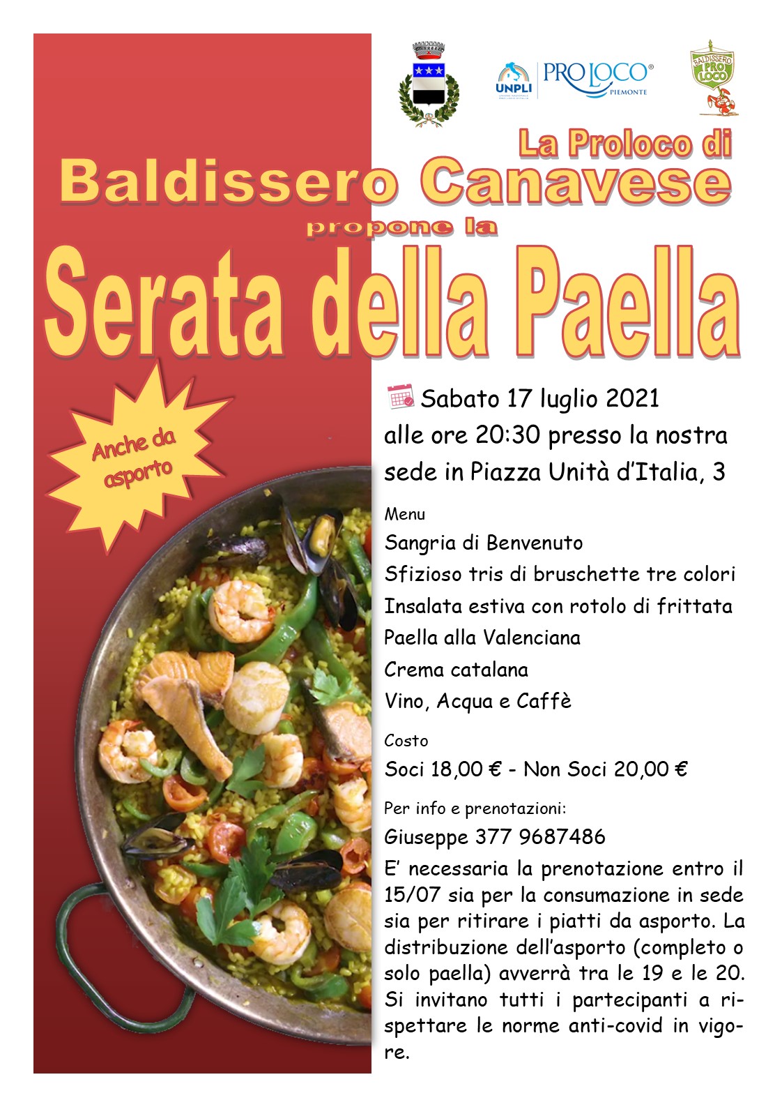 Manifesto della Serata della Paella 2021 - ATPL di Baldissero Canavese